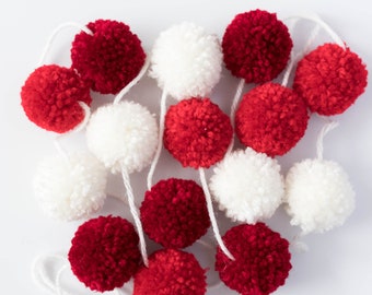 Classic Red Valentines Yarn Pom Pom Garland, Home Mantle Decor, White, Cherry & Crimson Red Garland, Nursery Decor Garland, Valentine