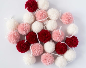 Valentines Day Holiday Pom Pom Garland | Pom Pom Garland | Christmas Home Mantle Decor, White Blush Pink & Red Garland, Nursery Garland