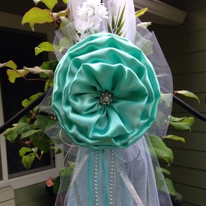 Aqua blue, Silver Pew Bows, Chair Bows, Elegant Wedding Bows Church Aisle Decorations