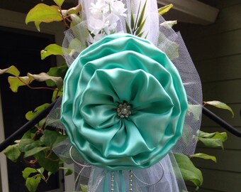 Aqua blue, Silver Pew Bows, Chair Bows, Elegant Wedding Bows Church Aisle Decorations