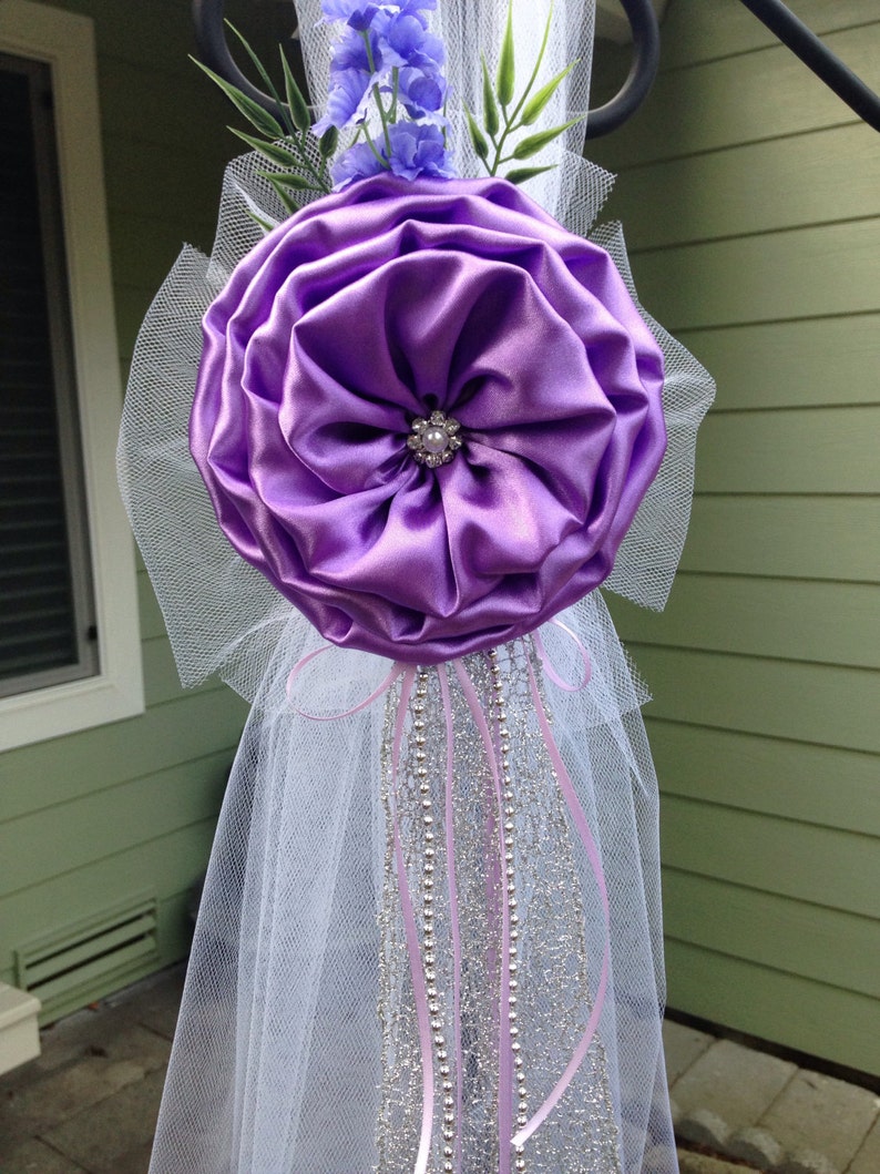 Set of 6 Lilac Lavender Purple Silver Pew Bows, Chair Bows, Elegant Wedding Church Aisle Decorations image 1