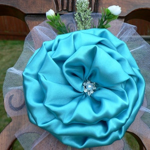 Turquoise/Teal Satin and Tulle gems Flower Peony Elegant Wedding Bows Pew Church Aisle Decorations