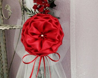 SET OF 6 Red Satin and Tulle Pearl Flower Peony Elegant Wedding Bows Pew Church Aisle Decorations