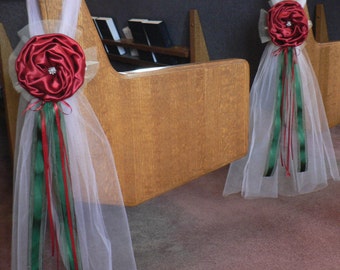 Royal Red Pew Bows, Chair Bows, Green Wedding Church Aisle decorations