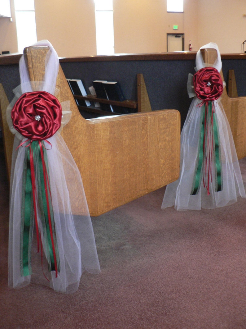 Royal Red Pew Bows, Chair Bows, Green Wedding Church Aisle decorations image 1