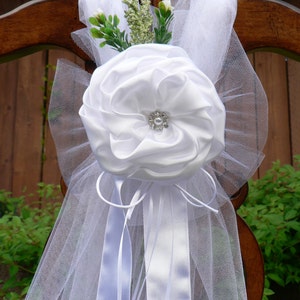 Set of of 10 Pew Bows, satin, Tulle, Jeweled pearl in the center, Flower Peony Elegant Wedding Bows Pew Church Aisle Decorations