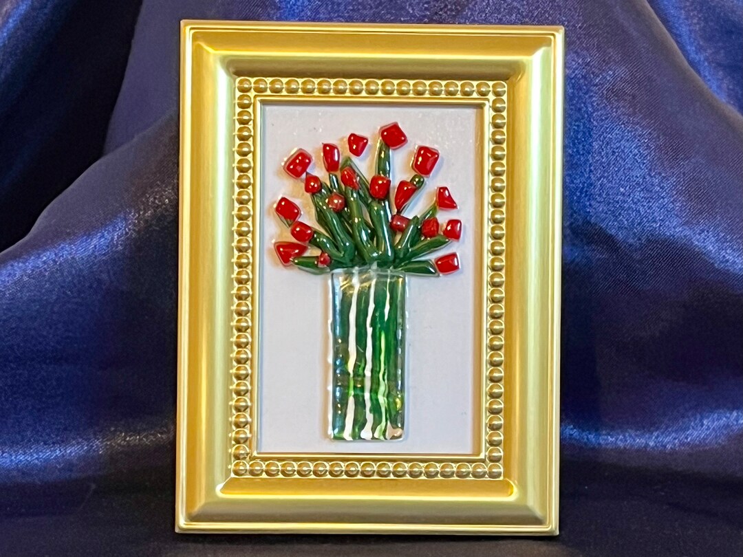 Glass Art, Handmade Art, Red Roses Mini Forever Flowers, 3 Inch X 4