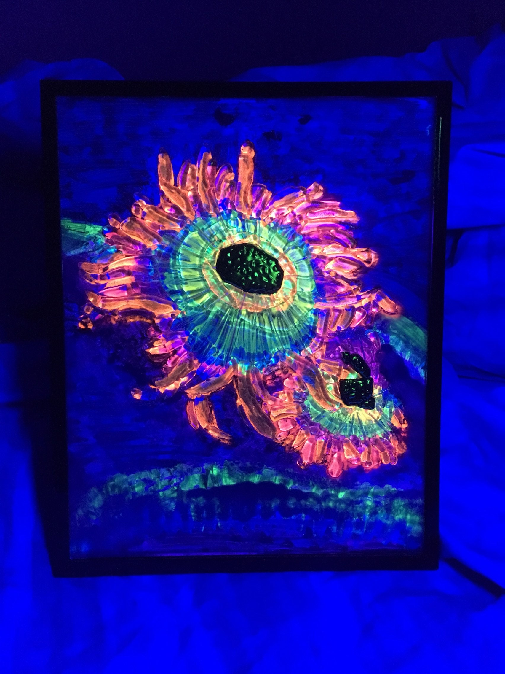 Glass Art, Handmade Art, Custom Made To Order Blacklight Coral Art, 8 inch x 10 inch Fused Glass Art for Sale