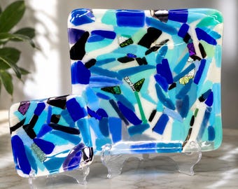 Dichroic Glass Plate Set | Handmade Fused Glass Trinket Dish | Blue Abstract Glass Art | Decorative Serving Plates