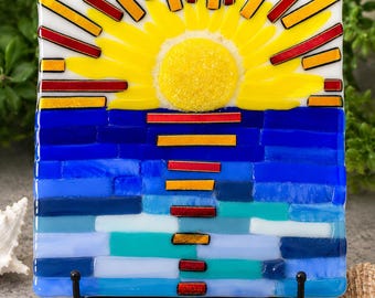 Sunset Ocean Fused Glass Art | Dichroic Glass Wall Art | Handmade Coastal Decor Sun | Reflection Ocean Scene | Handmade Artwork