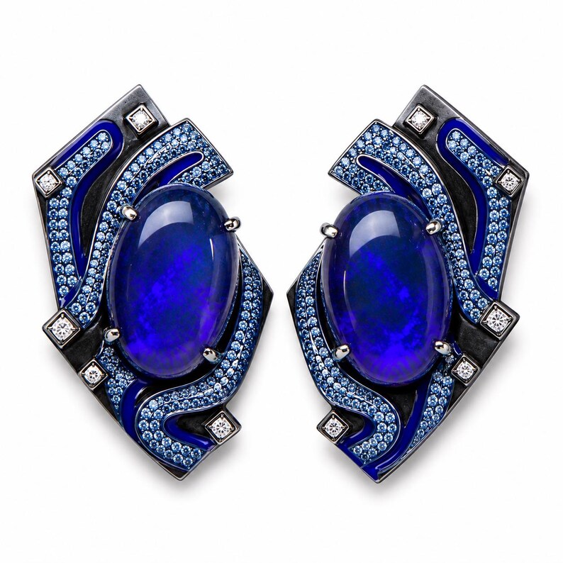 May include: A pair of striking earrings featuring large, oval, deep blue gemstones. The earrings have a geometric design with black and blue enamel accents, surrounded by smaller blue stones and square-cut diamonds. The overall design is modern and luxurious.