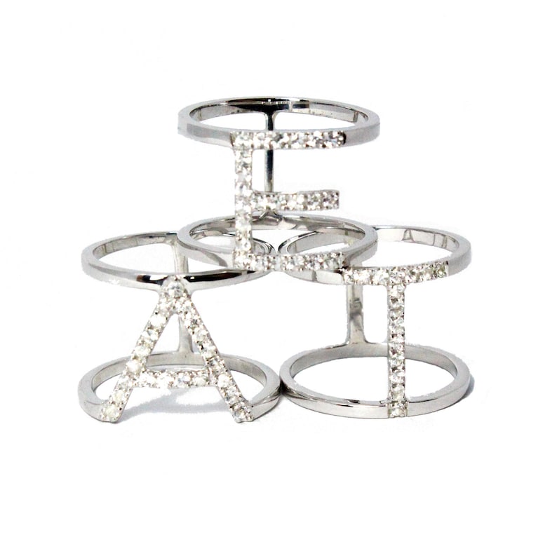 white diamond,black diamond,emerald,aquamarine,ruby,garnets... CHOOSE YOUR STONES Solid silver 925 double bar A-Z initial ring