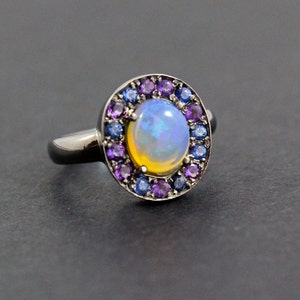 Australian jelly opal with amethyst and blue sapphire halo in oxidized black gold ring - Choose your ring size