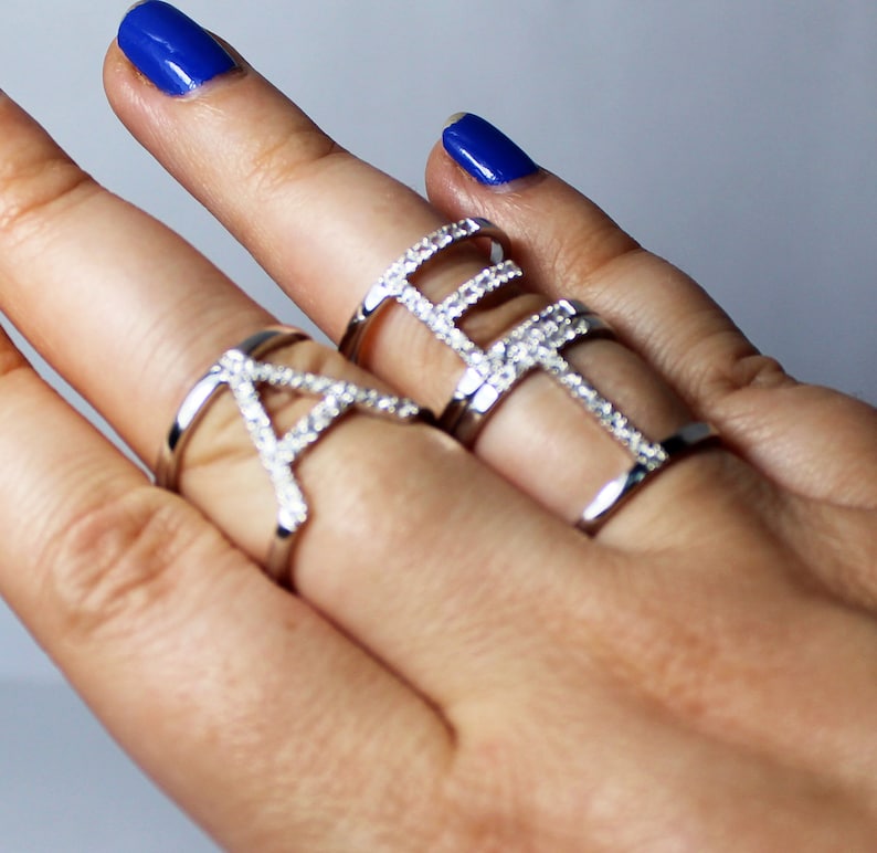white diamond,black diamond,emerald,aquamarine,ruby,garnets... CHOOSE YOUR STONES Solid silver 925 double bar A-Z initial ring