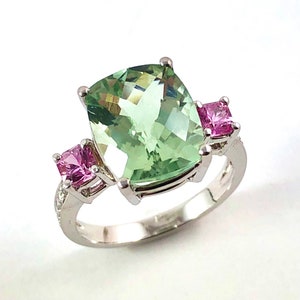 Green amethyst and pink sapphire diamond 14k white gold ring  - Choose your ring size