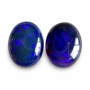 May include: Two oval-shaped opals with a dark blue base color and vibrant flashes of blue and purple. The gemstones have a polished, glossy surface, reflecting light. The opals are set against a white background.