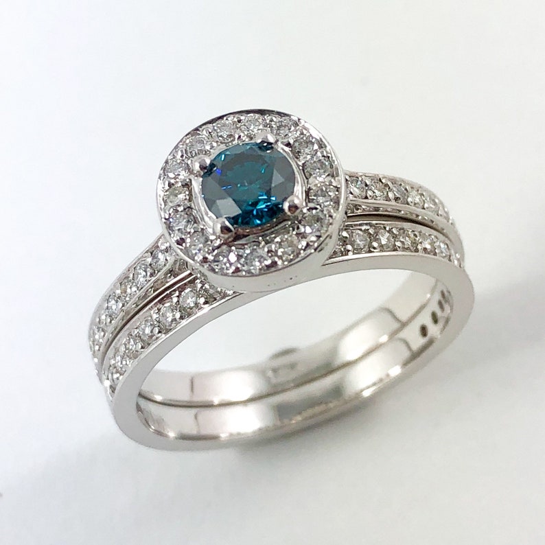 Certified Blue diamond round diamond halo 14k white gold wedding ring set Choose your ring size image 4
