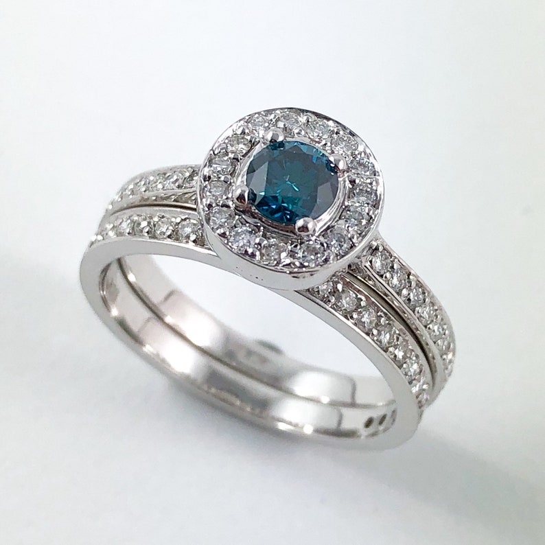 Certified Blue diamond round diamond halo 14k white gold wedding ring set Choose your ring size image 7