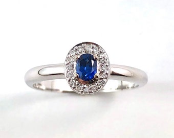 Ceylon sapphire oval and white diamond halo 14k white gold ring - Choose your ring size