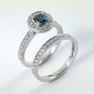 Certified Blue diamond round diamond halo 14k white gold wedding ring set Choose your ring size image 8