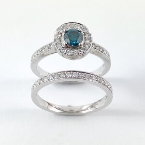 Certified Blue diamond round diamond halo 14k white gold wedding ring set Choose your ring size image 3