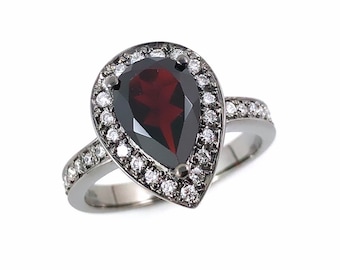 Pyrope Garnet pear gemstone halo 14k gold ring - Customise size, halo gemstones and gold colour