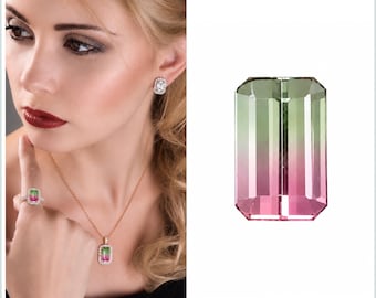 Bi color pink and green tourmaline rectangle emerald cut 3.85 carat loose gemstone - Buy it loose or make a custom order