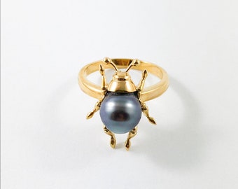 Beetle bug insect Tahitian pearl 14k yellow gold  ring - Choose your ring size