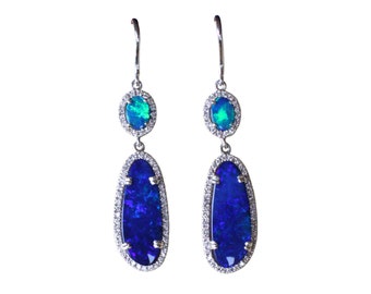 Electric blue Australian opal diamond solid silver dangle earrings - Ready to ship