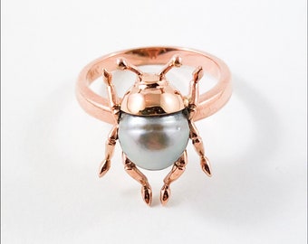 Beetle bug insect Tahitian pearl 14k rose gold ring - Choose your ring size