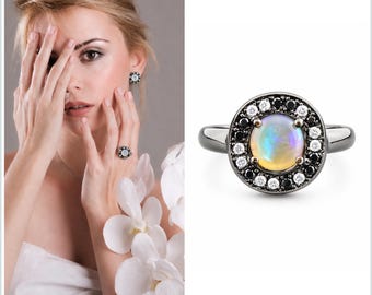 Australian jelly opal diamond and black diamond halo oxidized black gold ring - Choose your ring size