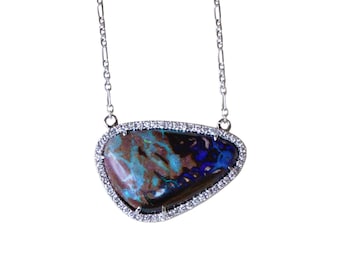 Australian boulder opal diamond 14k white gold pendant necklace - Ready to ship
