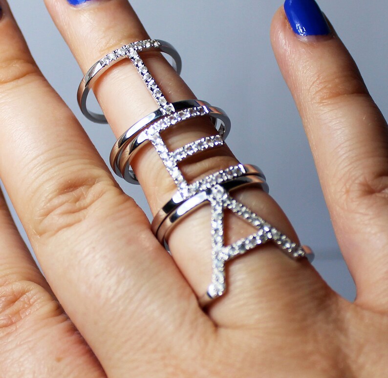 white diamond,black diamond,emerald,aquamarine,ruby,garnets... CHOOSE YOUR STONES Solid silver 925 double bar A-Z initial ring