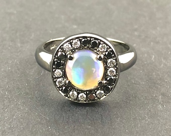 Australian jelly opal diamond and black diamond halo oxidized black gold ring - Choose your ring size