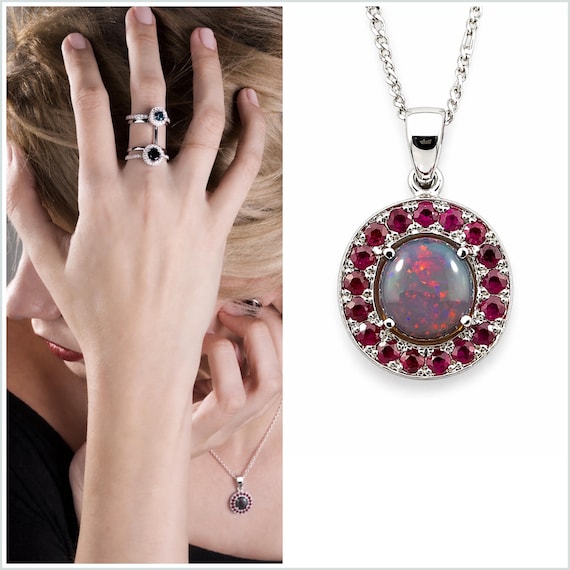 Australian jelly opal and ruby halo white gold pendant necklace