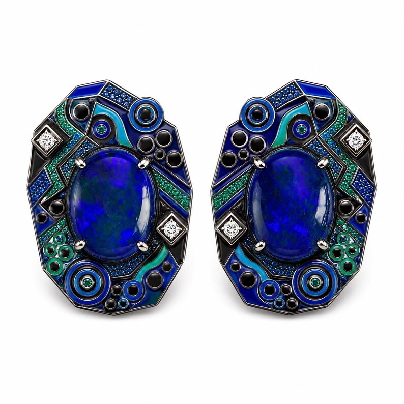 May include: A pair of ornate earrings featuring large, oval, blue gemstones. The earrings have a geometric design with blue, green, black, and white accents. Small diamonds and circular details add to the intricate design. The earrings are set against a white background.