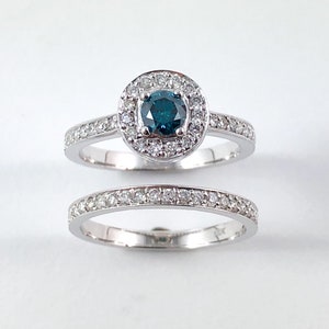 Blue diamond round diamond halo 14k white gold wedding ring set  - Choose your ring size