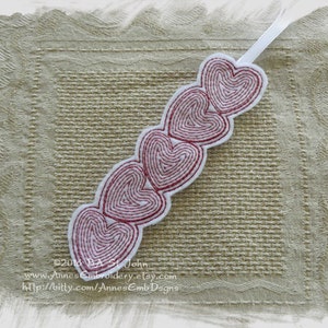 Hearts Bookmark, Headband Slider or Feltie In The Hoop Machine Embroidery Design image 3