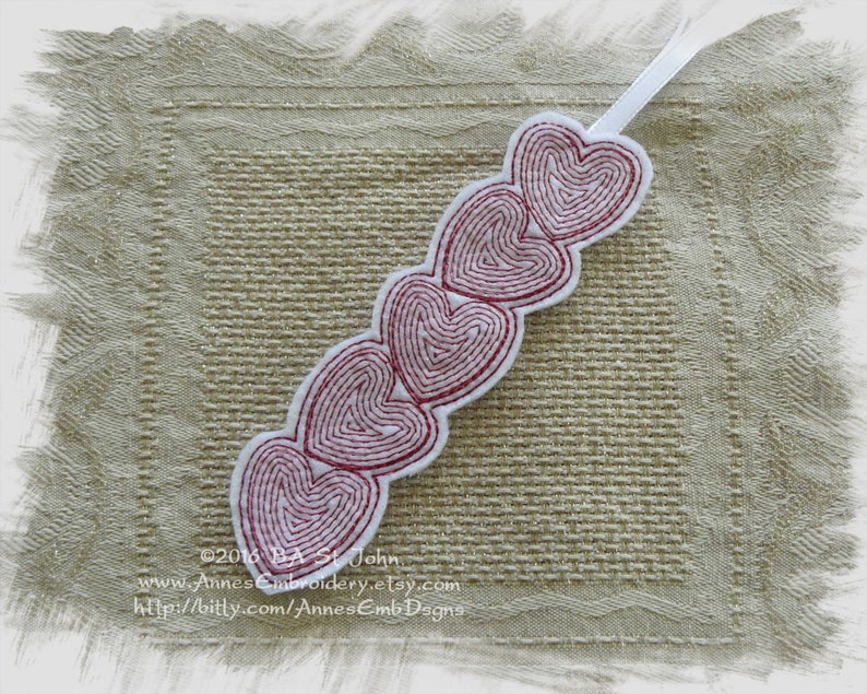 Hearts Bookmark, Headband Slider or Feltie In The Hoop Machine Embroidery Design image 3