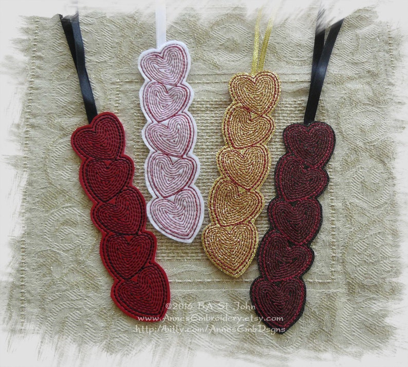 Hearts Bookmark, Headband Slider or Feltie In The Hoop Machine Embroidery Design image 2