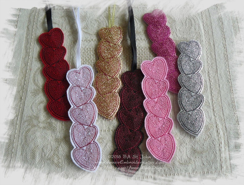 Hearts Bookmark, Headband Slider or Feltie In The Hoop Machine Embroidery Design image 5