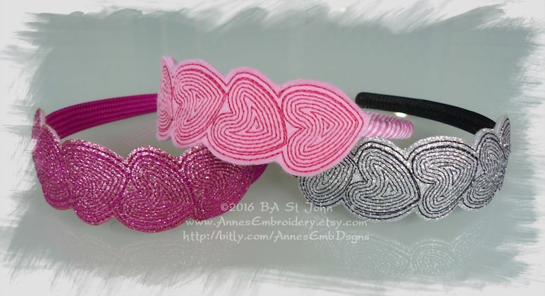 Hearts Bookmark, Headband Slider or Feltie In The Hoop Machine Embroidery Design image 1