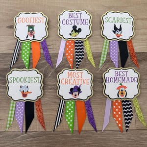 Disney Prize ribbons for Halloween Costume Contest - set of 6 - orange, green, purple, black, gold - Mickey, Minnie, Goofy, Pluto, Donald