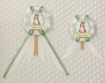 Mommy to be ribbon corsage for baby shower PLUS mini corsage add ons - gender neutral - white, sage, tan - woodland animals - bunny rabbit