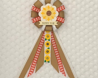 Mommy to be ribbon corsage for baby shower - gender neutral - tan, red plaid, white - babyq - summer baby shower - sunflower