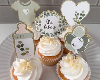 Greenery Cupcake Toppers - choose your quantity - Sage green, white, gold - eucalyptus, balloon, onesie, heart, bottle, oh baby