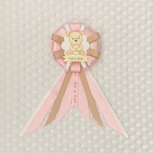 Mommy to be ribbon corsage for baby shower - it’s a girl - pink, tan, white - mama bear - teddy bear