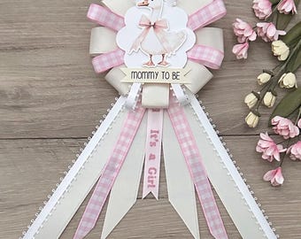 Pink Gingham Silly Goose baby shower Mommy to be ribbon corsage - it’s a girl - cream, baby pink, white - gender neutral - goose