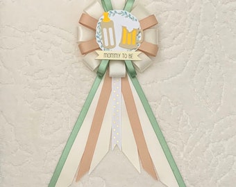 Mommy to be ribbon corsage for baby shower - gender neutral - cream, sage green, tan - a baby is brewing - baby bottle - beer