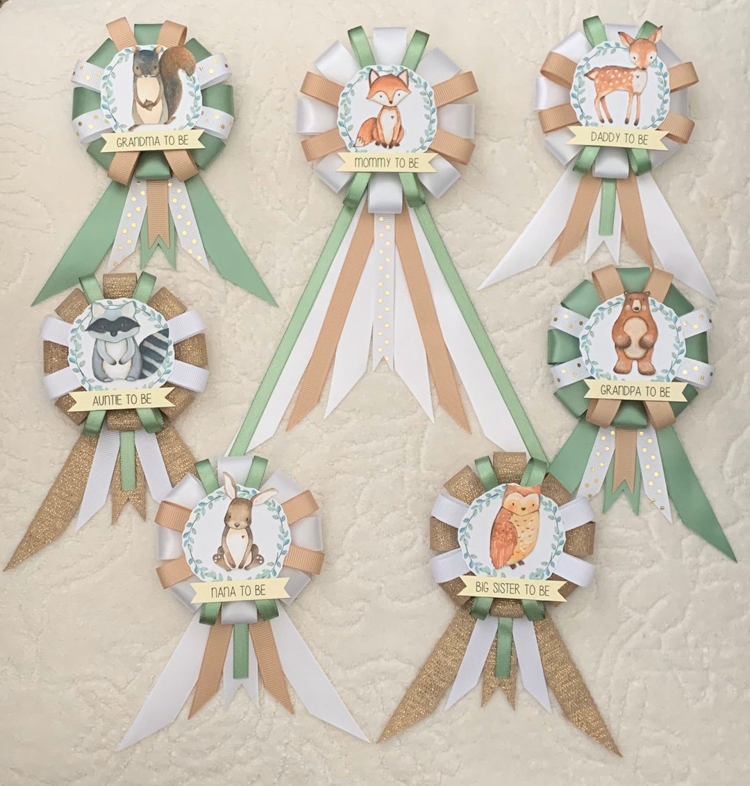 Family Ribbon Corsages for Baby Shower - Gender Neutral - Woodland ...